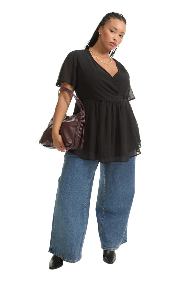 Faux Wrap Fit-And-Flare Top, Main, color, BLACK ONYX