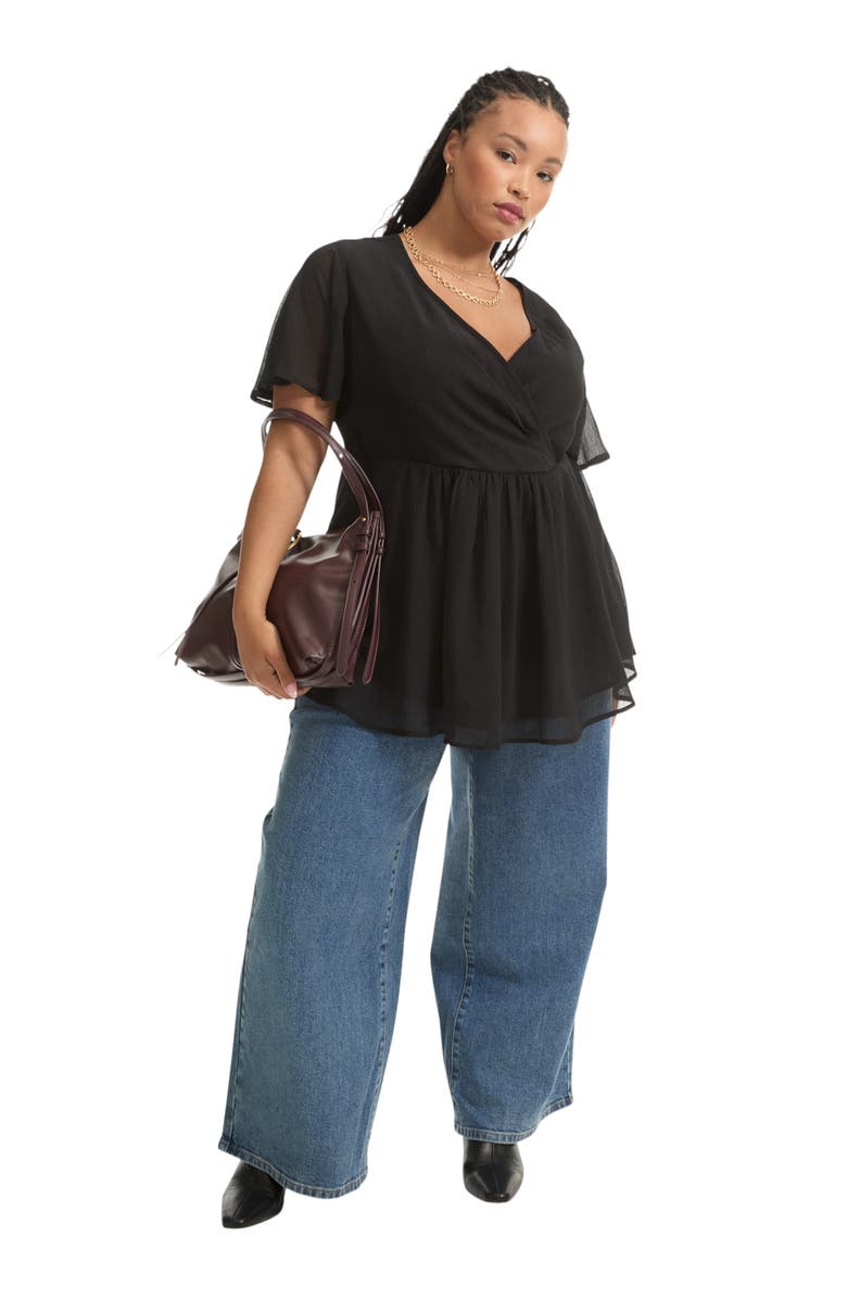 June + Vie Faux Wrap Fit-and-Flare Top, Main, color, Black Onyx