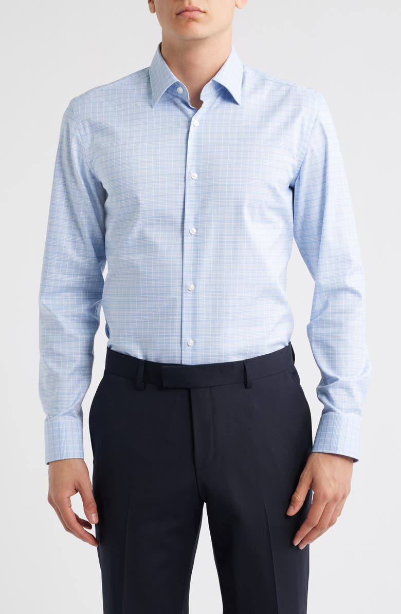 BOSS Hank Kent Slim Fit Plaid Stretch Cotton Dress Shirt, Main, color, Open Blue