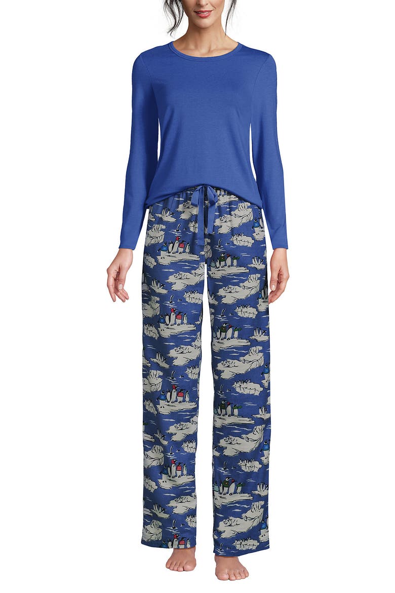 Pajama Set Knit Long Sleeve T-Shirt and Flannel Pants, Main, color, Cobalt Blue Holiday Penguins