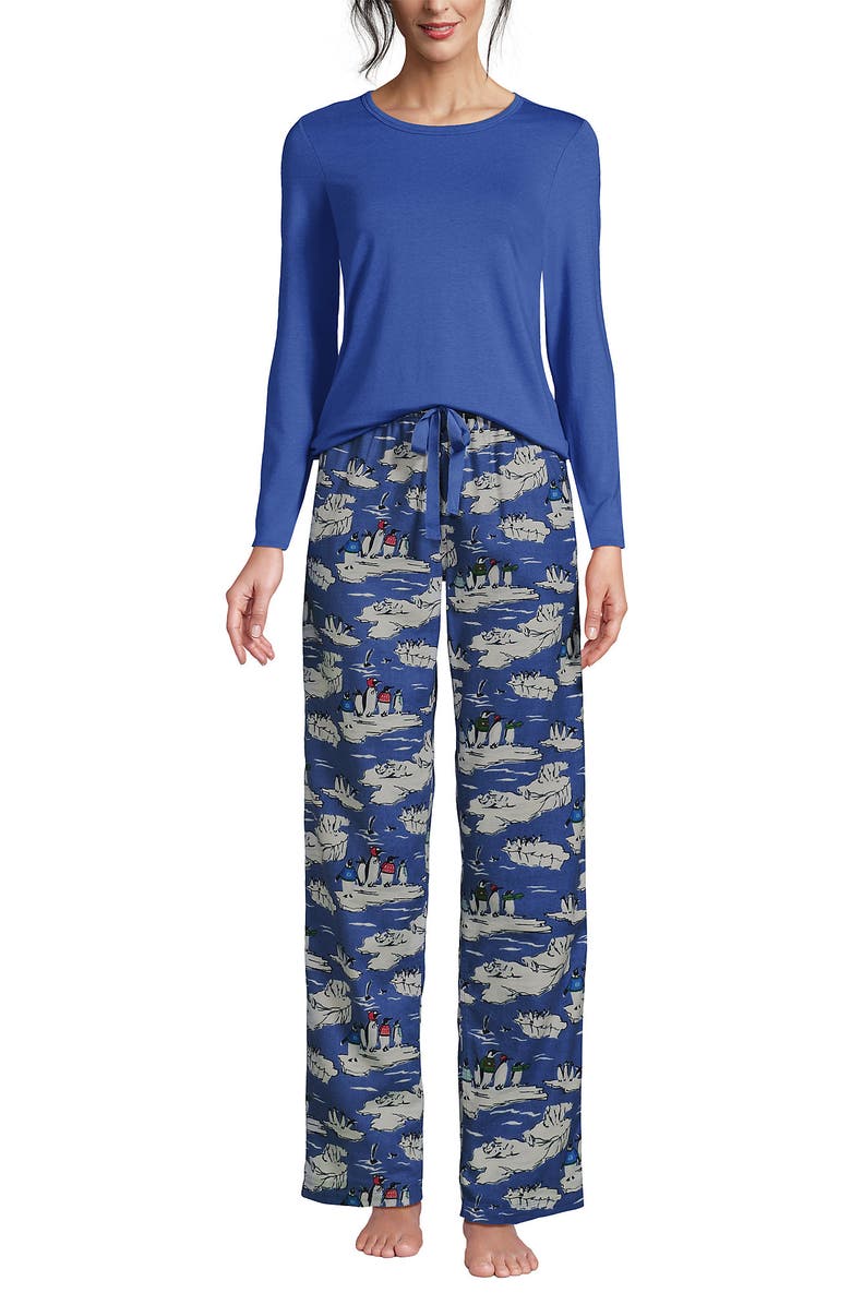 Lands' End Pajama Set Knit Long Sleeve T-Shirt and Flannel Pants, Main, color, Cobalt Blue Holiday Penguins