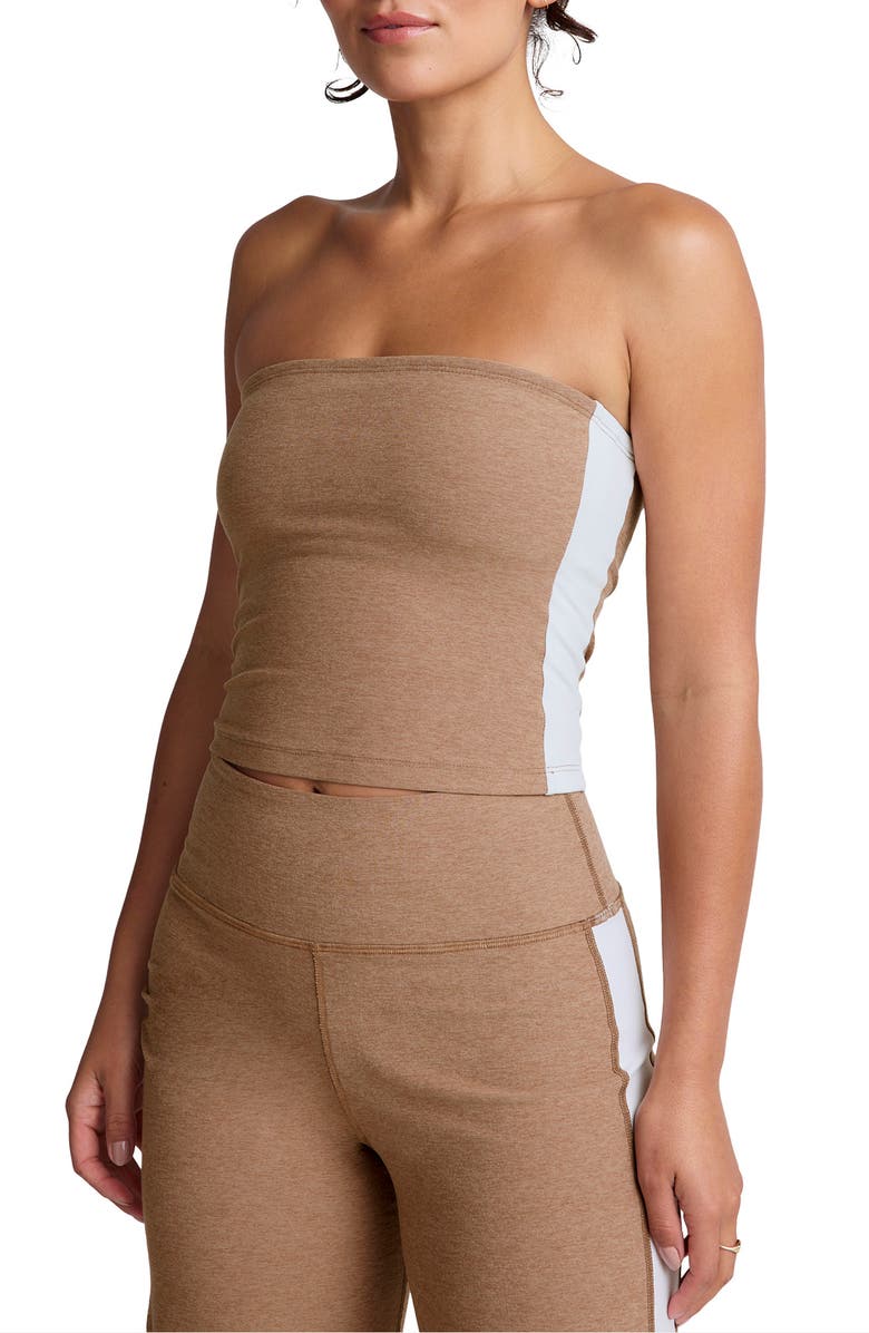 Beyond Yoga Space Dye Strapless Stripe Crop Top, Main, color, Desert Sand/ Cloud White