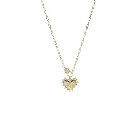 Pave Clasp Heart Charm Paperclip Necklace