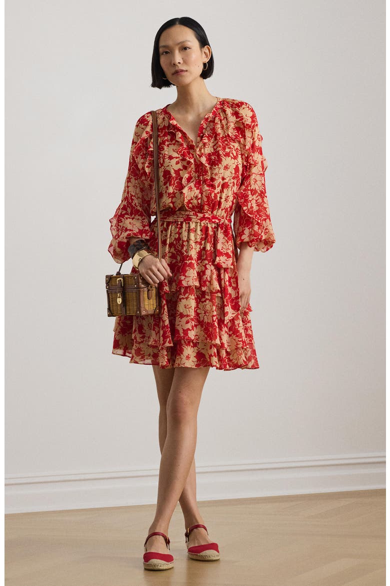 Print Ruffle Trim Georgette Tiered Dress, Alternate, color, RED/ BEIGE