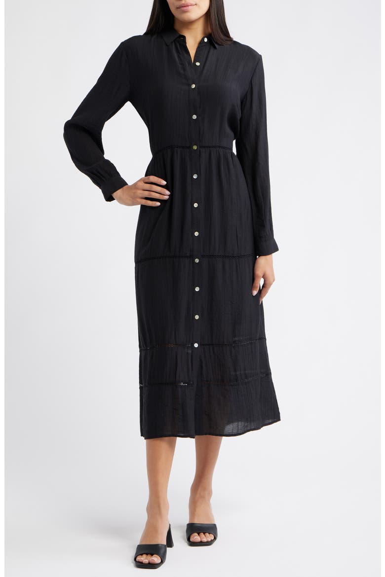 Ladder Stitch Long Sleeve Midi Shirtdress, Main, color, BLACK
