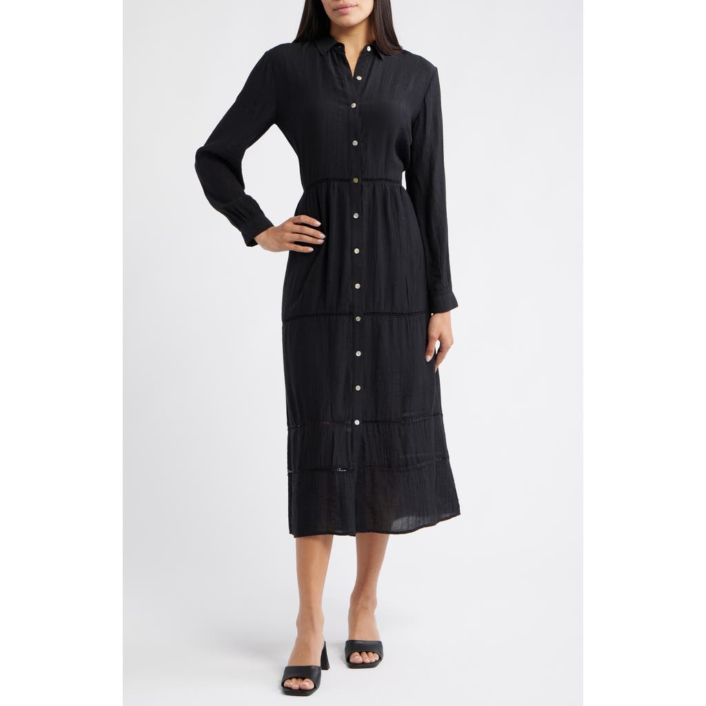 Cloth & Stone Ladder Stitch Long Sleeve Midi Shirtdress In Black