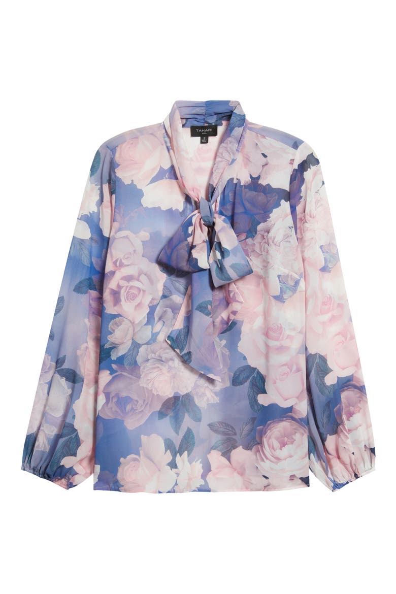 Bow Neck Top, Alternate, color, BLUE PETAL FLORAL