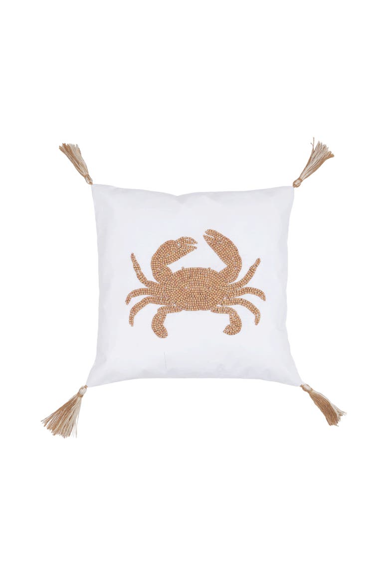 Crab Handmade Wood Beaded Throw Pillow, Main, color, Brown