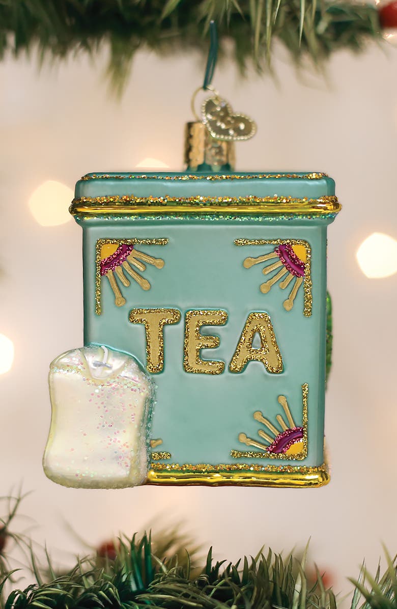 Old World Christmas Tea Tin Glass Ornament, Alternate, color, Light Blue/Gold