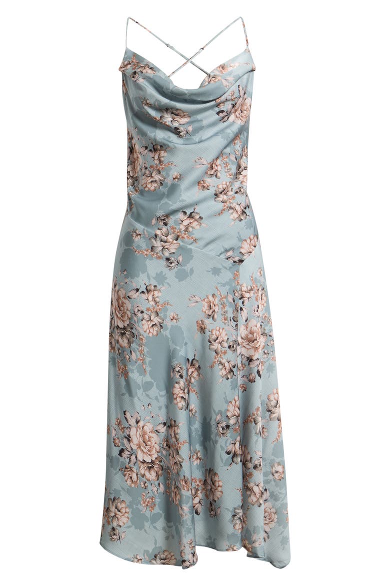 Cowl Neck Seamed Satin Midi Dress, Main, color, BLUE SARAH FLORAL