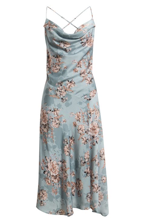 Cowl Neck Seamed Satin Midi Dress