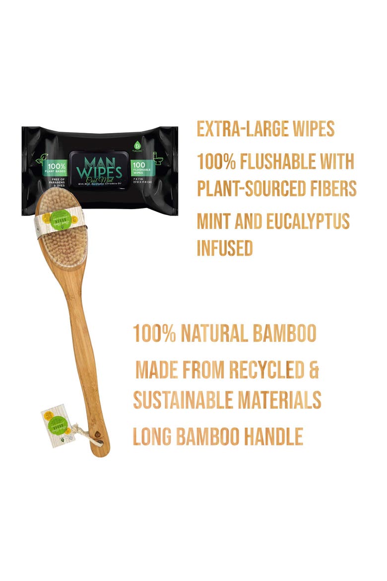 Clean & Refresh Bundle 1200 Flushable Man Wipes (Mint Scented) - 12 Pack + Bath Body Brush, Alternate, color, Black
