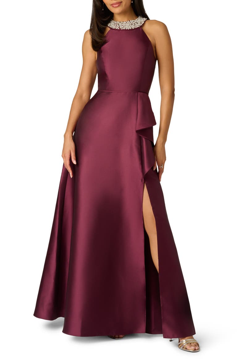 Embellished Neck Mikado Gown, Main, color, DEEP WINE