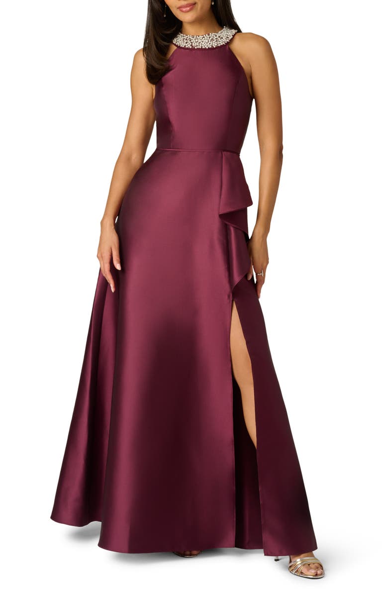 Adrianna Papell Embellished Neck Mikado Gown, Main, color, Deep Wine