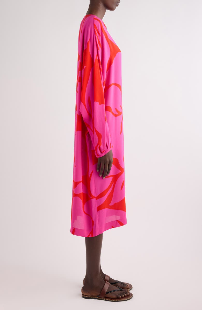Dries Van Noten Dosta Giant Floral Print Long Sleeve Crepe Midi Dress, Alternate, color, Fuchsia