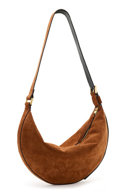Shop Allsaints Half Moon Suede Shoulder Bag In Cognac Brown