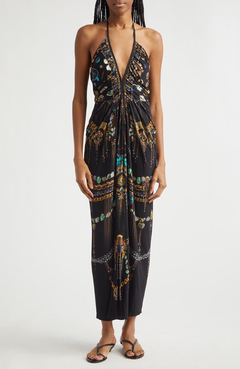 Camilla Amulets & Alchemy Print Gathered Jersey Halter Neck Dress, Main, color, Amulets And Alchemy