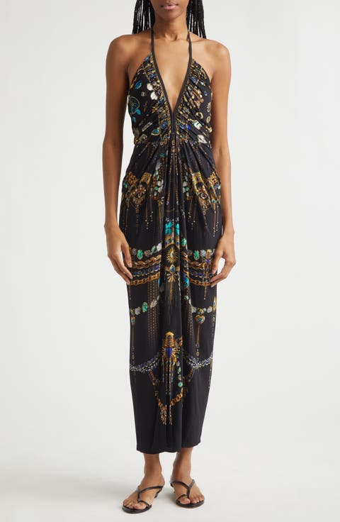 Amulets & Alchemy Print Gathered Jersey Halter Neck Dress