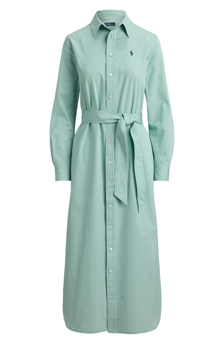 Polo Ralph Lauren Tie Waist Long Sleeve Maxi Shirtdress, Alternate, color, Green White