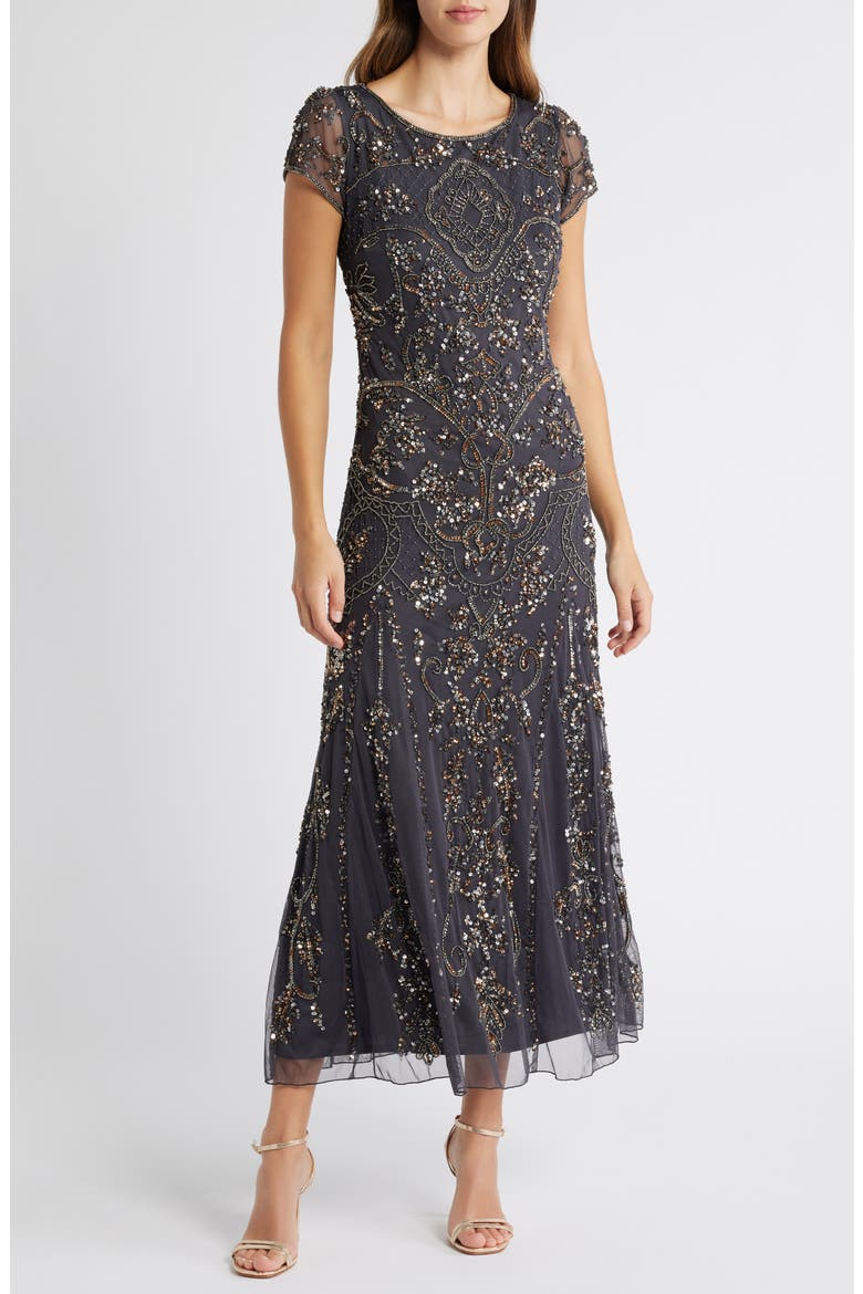 Beaded Mesh Midi Cocktail Dress, Main, color, JBS GREY 010