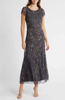 Pisarro Nights Beaded Mesh Midi Cocktail Dress