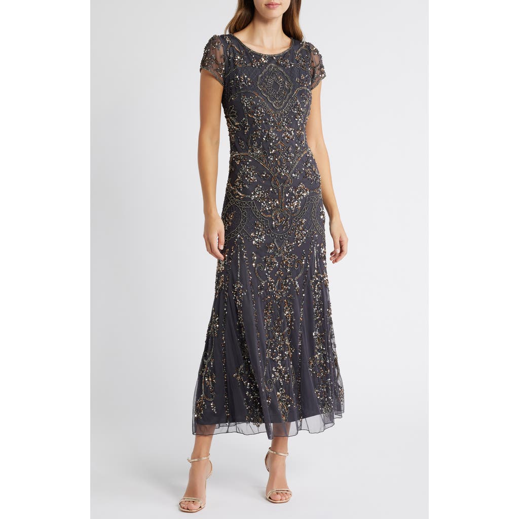 Pisarro Nights Beaded Mesh Midi Cocktail Dress in Jbs Grey