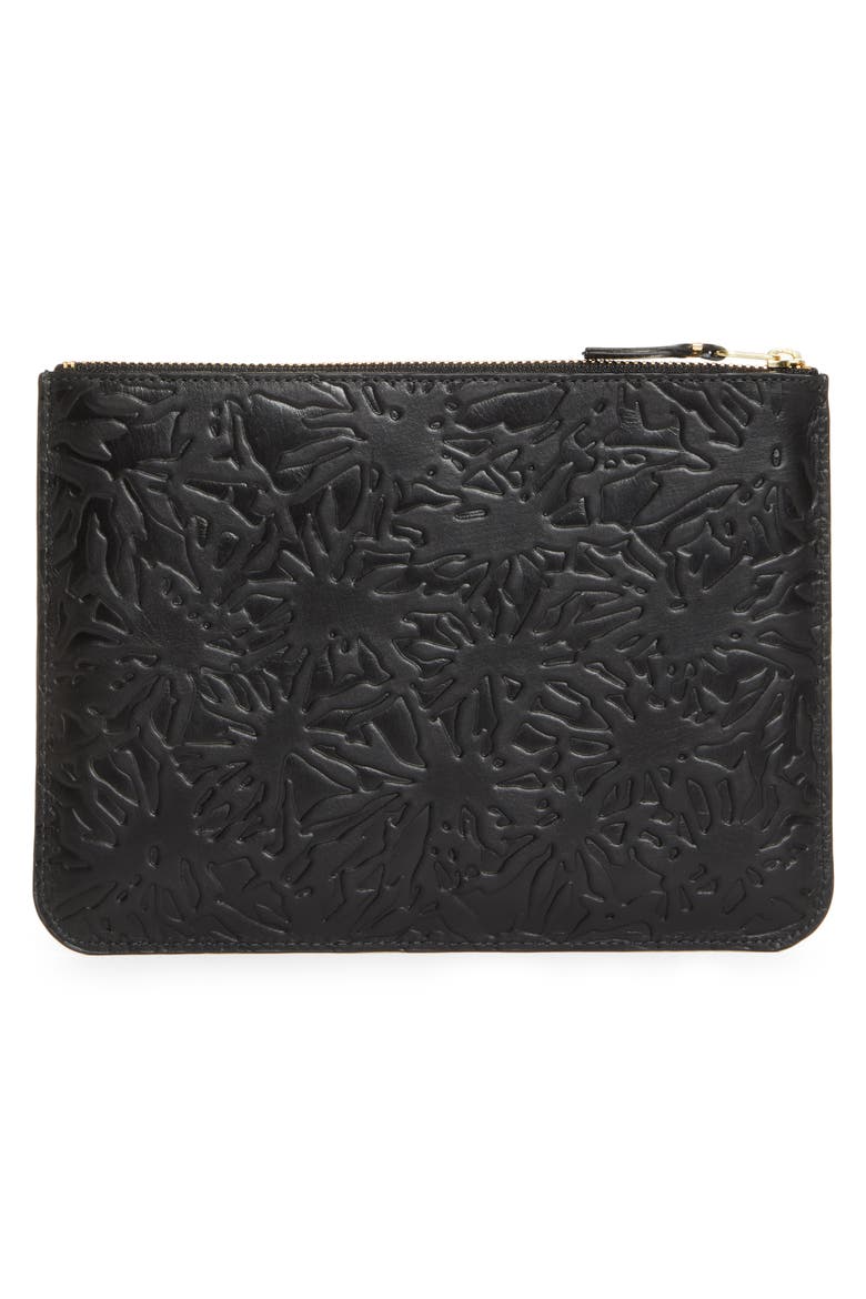 Large Forest Embossed Leather Zip Pouch, Alternate, color, BLACK