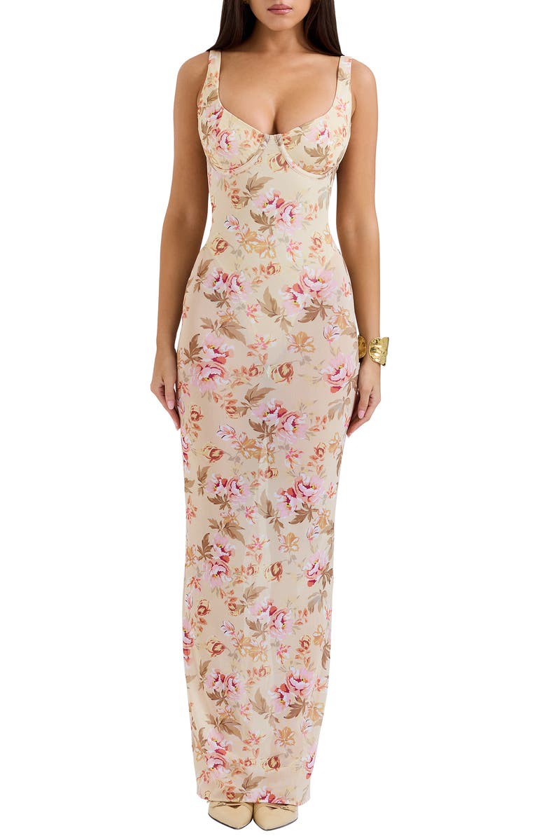 HOUSE OF CB Robina Floral Bustier Bodice Gown, Main, color, Sun Bleached