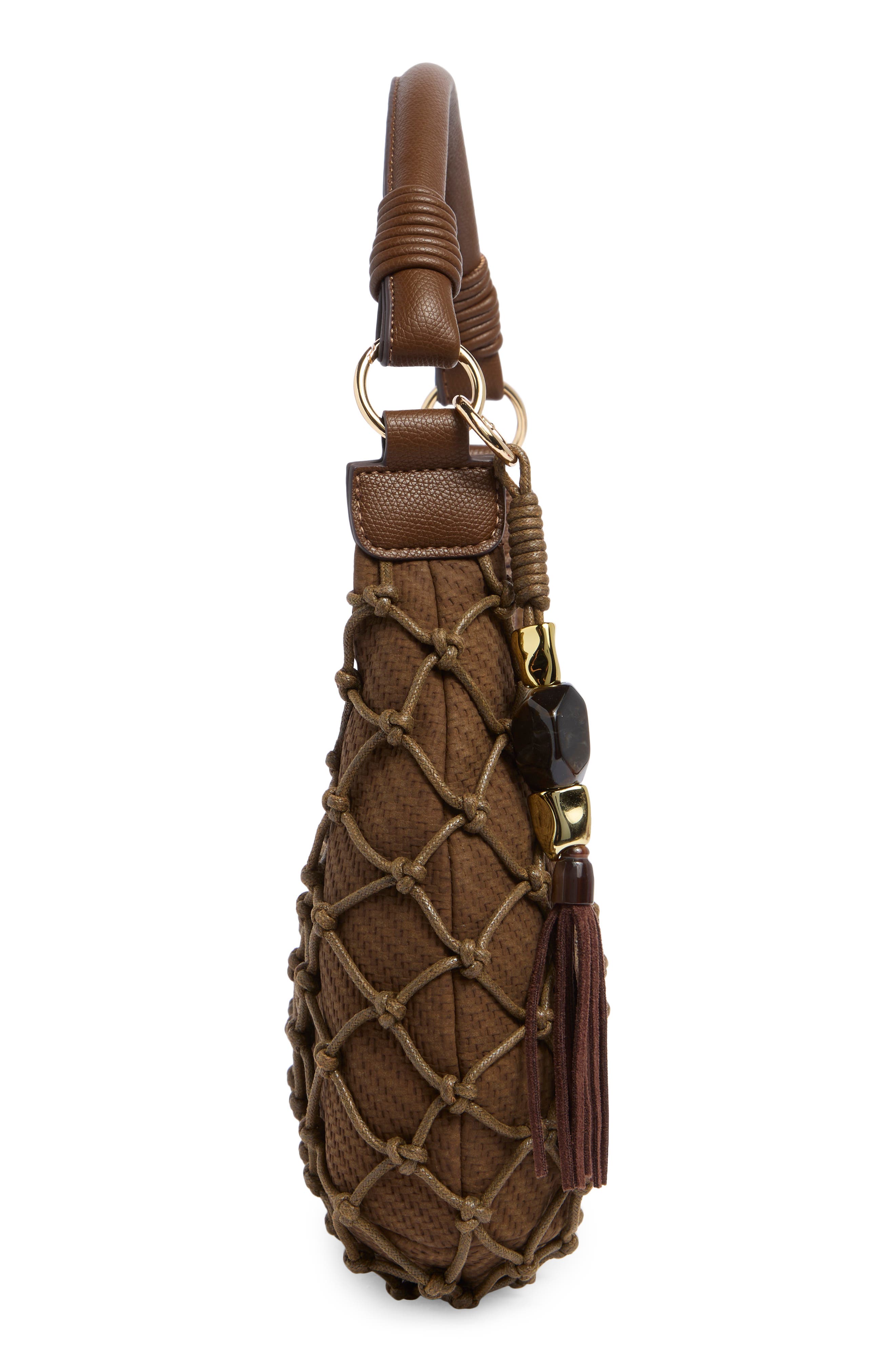 Positano Straw & Faux Leather Shoulder Bag, Alternate, color, CHOCOLATE