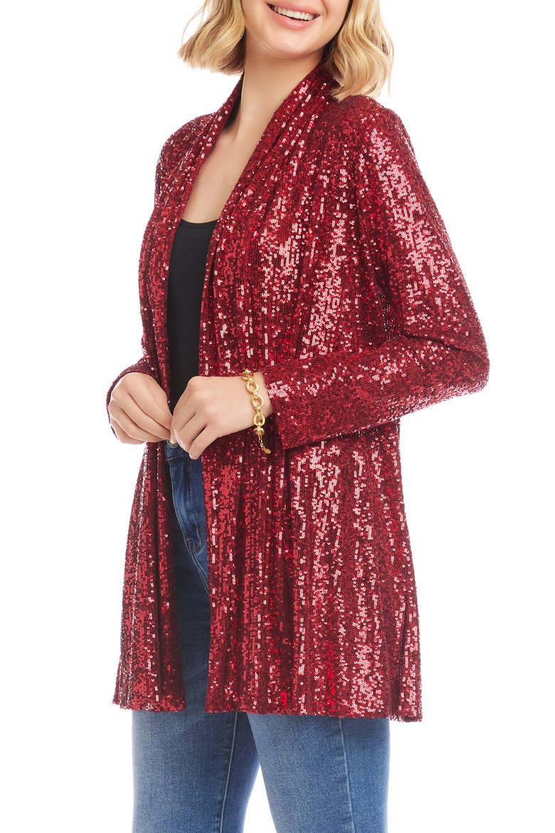 Sequin Open Front Jacket, Alternate, color, RUBY