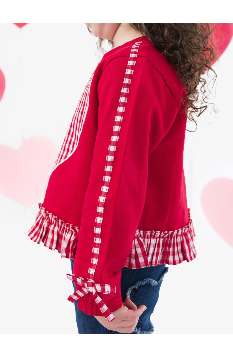RuffleButts Applique Ruffle Bow Sweatshirt, Alternate, color, Heart Red Gingham
