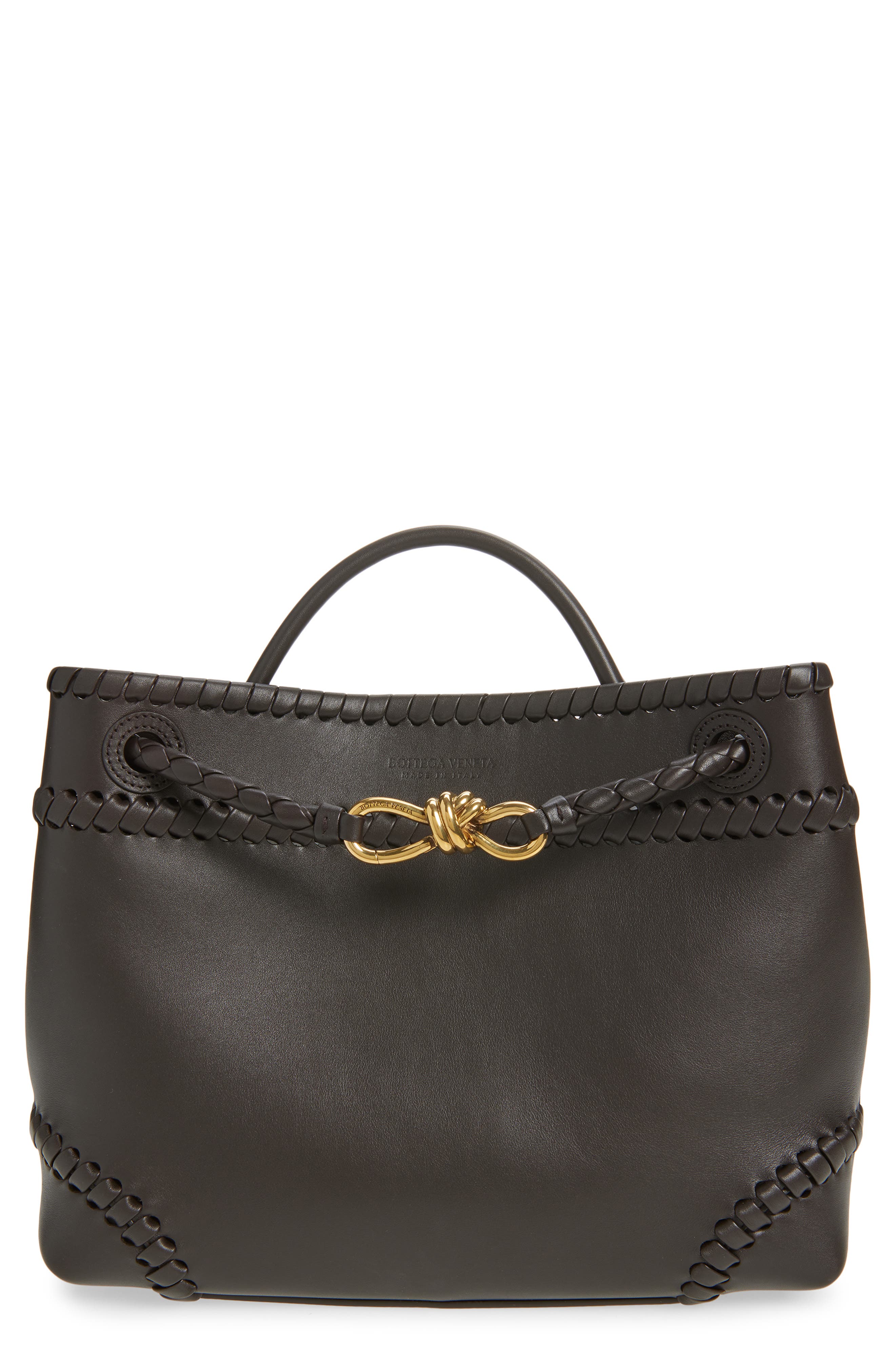 Bottega Veneta Borsa Whipstitch Leather Shoulder Bag, Main, color, 2009 Espresso-M Brass