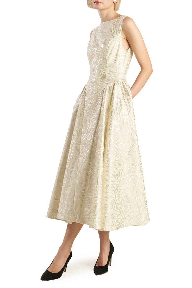 Floral Jacquard Cocktail Midi Dress, Alternate, color, CHAMPAGNE