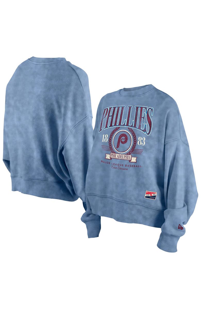 New Era Women's New Era Light Blue Philadelphia Phillies Throwback Boxy Enzyme Wash Fleece Crewneck Pullover, Main, color,