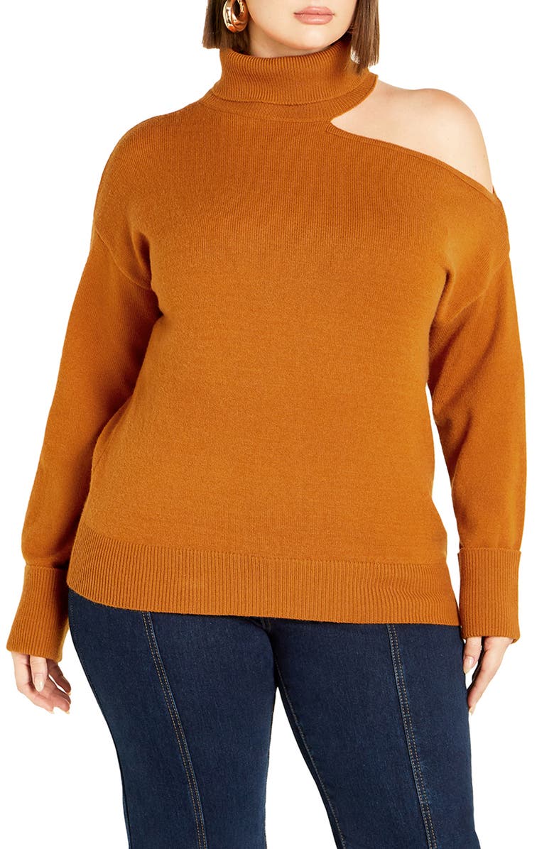 City Chic Open Shoulder Turtleneck Sweater, Main, color, Honey