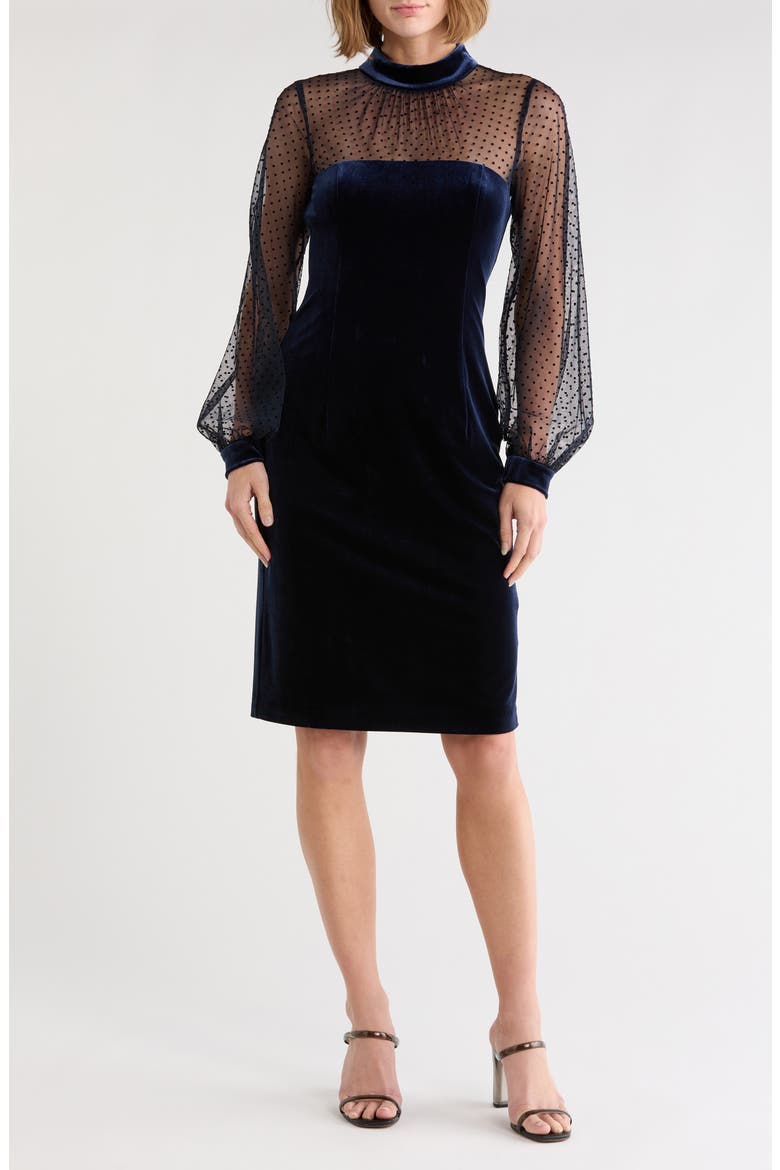 Flocked Long Sleeve Velvet Sheath Dress, Main, color, NAVY