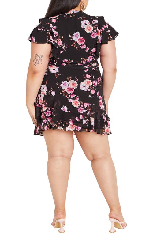 City Chic Serene Floral Tie Waist Minidress In Black