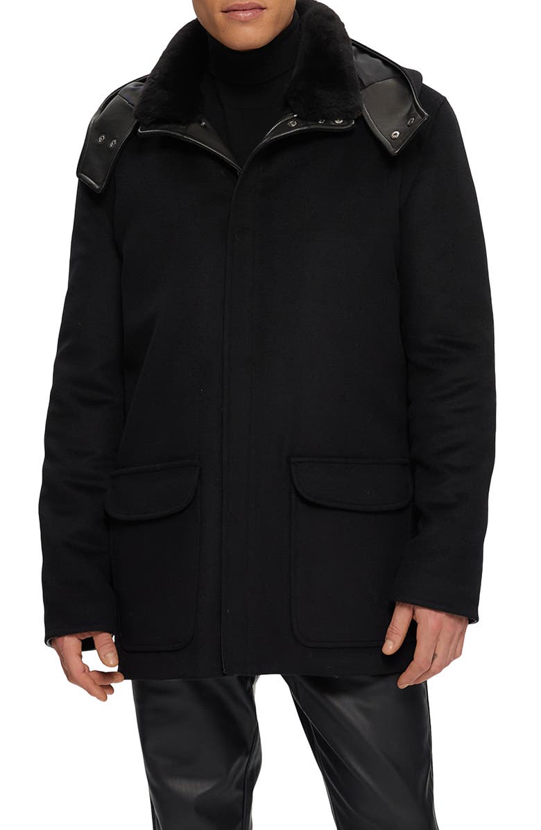 GORSKI Mens Wool Parka with Leather Trim And Detachable Hood And Genuine Shearling Collar, Main, color, Black/Black