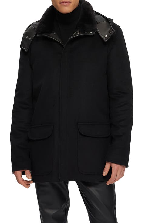Mens Wool Parka with Leather Trim And Detachable Hood And Genuine Shearling Collar