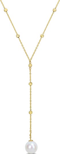 10k Solid Gold hot White Pearl Station Y Necklace