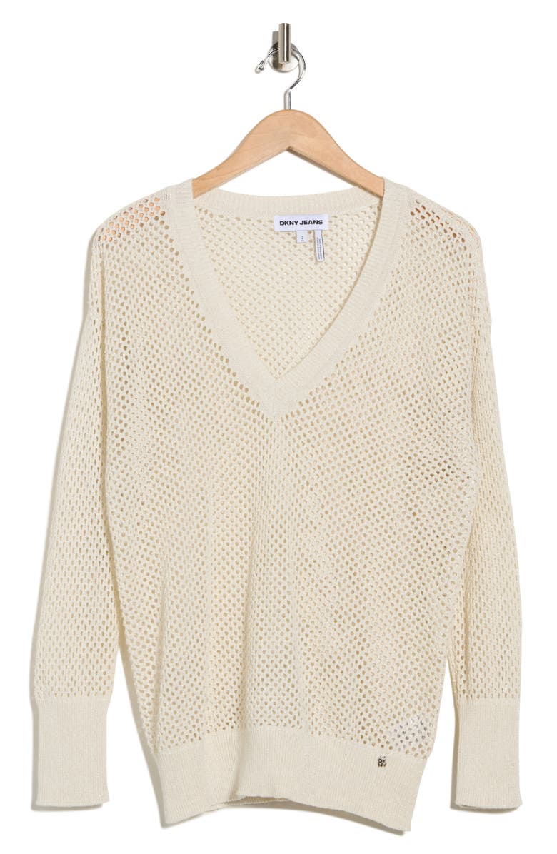 DKNY Jeans Open Stitch Cotton Blend Sweater, Main, color, Eggnog/ Silver