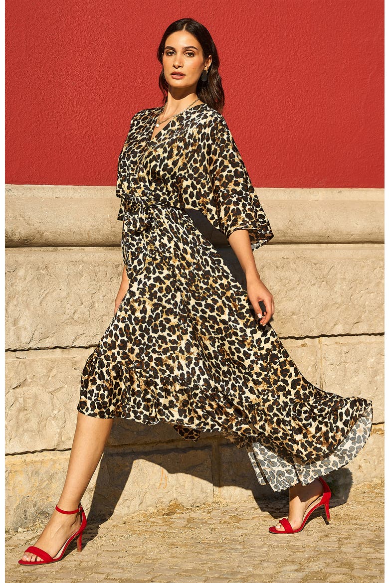 Leopard Print Wrap Dress, Alternate, color, Brown