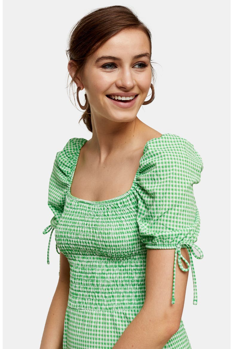 Gingham Shirred Tea Minidress, Alternate, color, GREEN MULTI