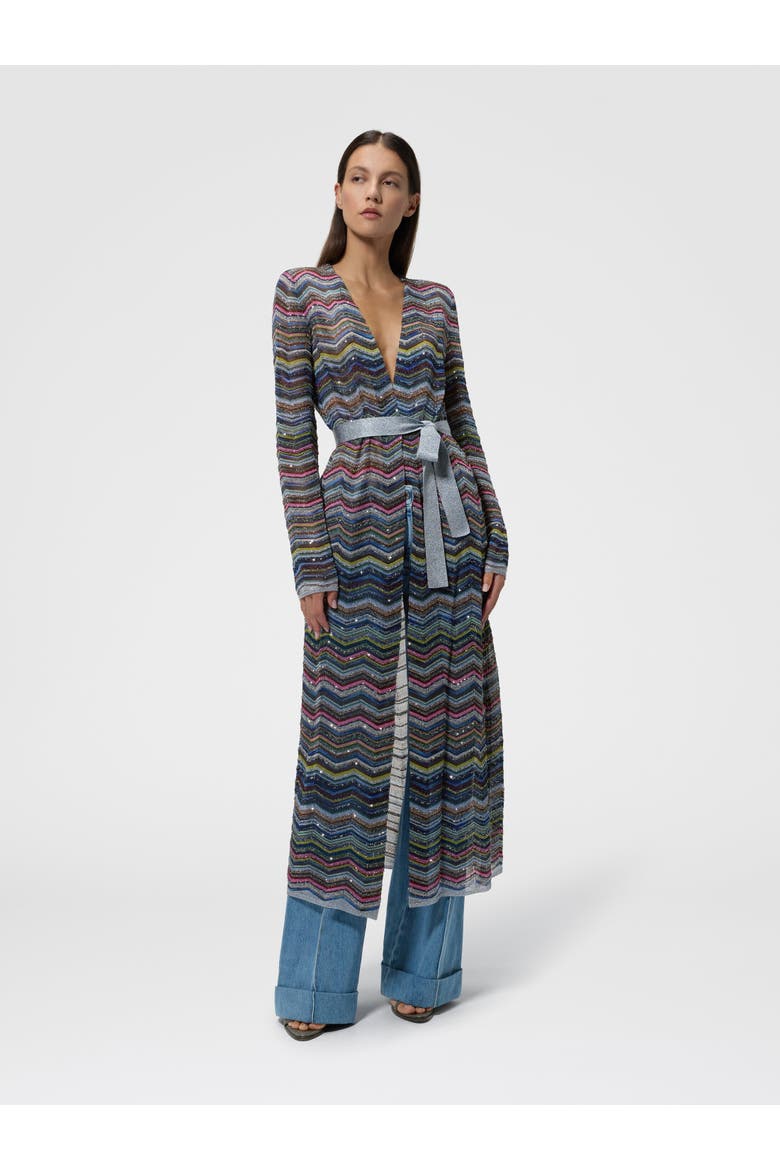 Long Chevron Viscose-blend Cardigan With Belt, Alternate, color, Multicoloured