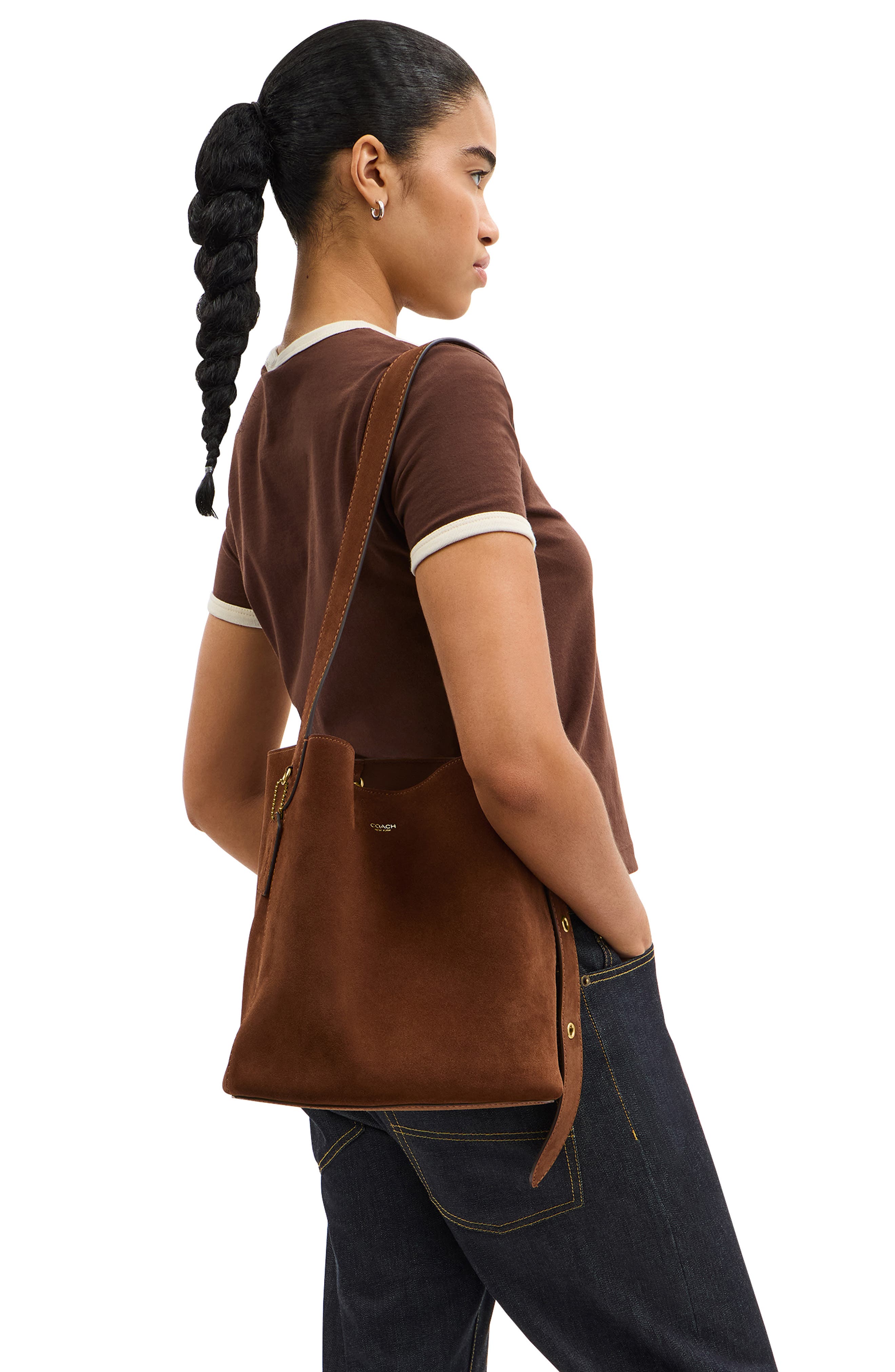 COACH Bleecker Suede Shoulder Bag, Alternate, color, Warm Brown