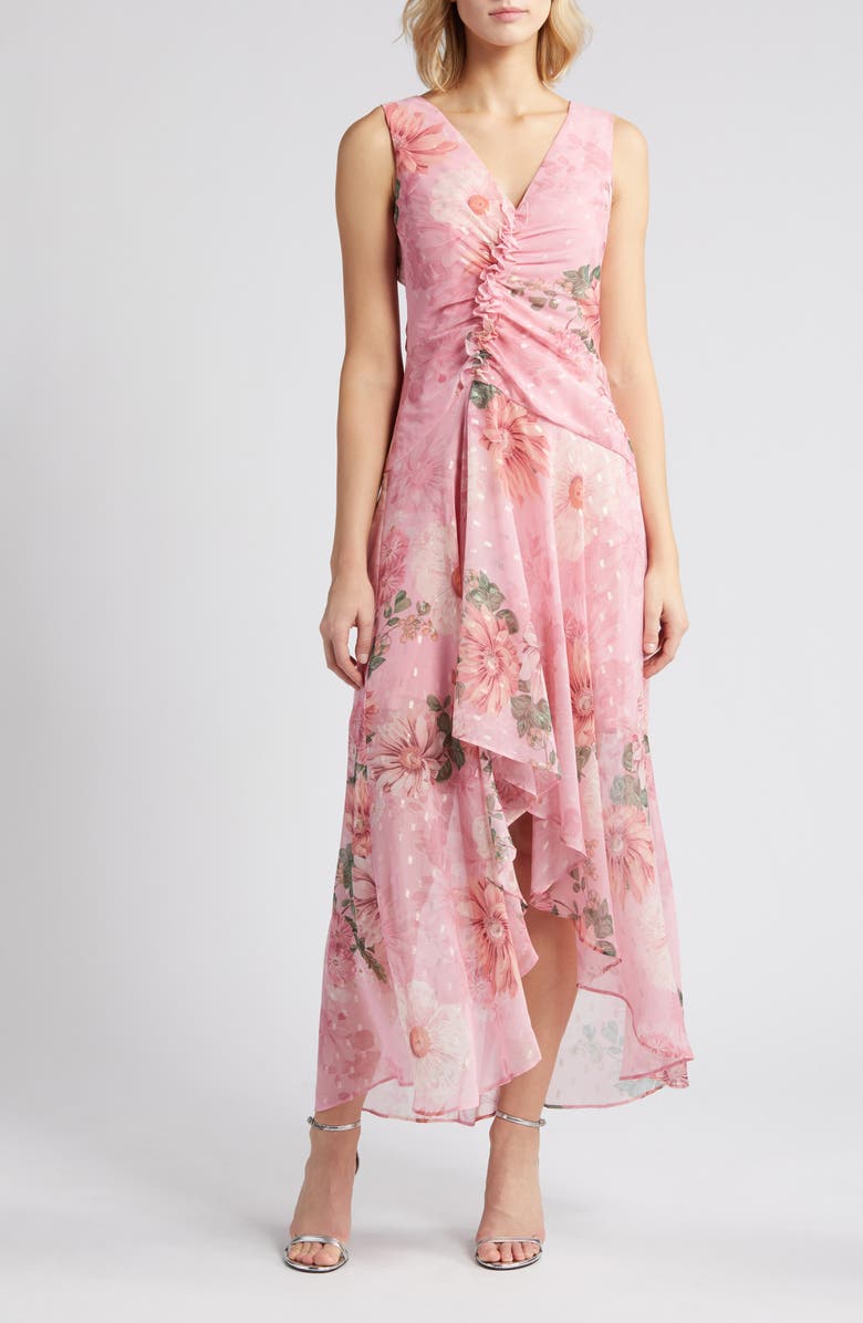Eliza J Floral Ruched Clip Dot Chiffon Cocktail Dress, Main, color, 