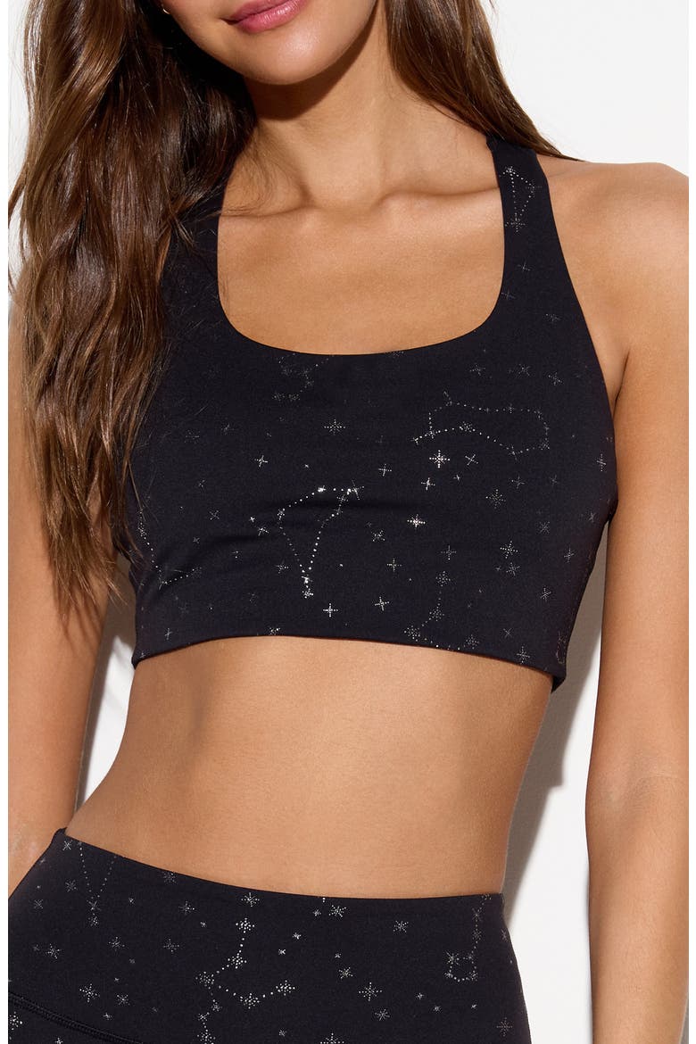 Frankie Zodiac Print Racerback Sports Bra, Main, color, BLACK