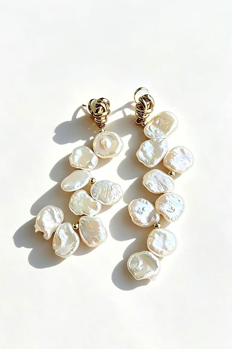 Gemma Petal Pearl Drop Earrings, Main, color, Gold