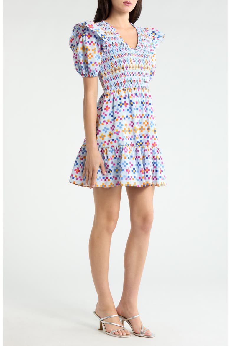 Kessa Geo Smocked Minidress, Alternate, color, LIGHT BLUE