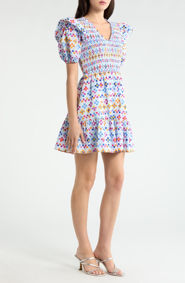 SUGARLIPS Kessa Geo Smocked Minidress, Alternate, color, Light Blue